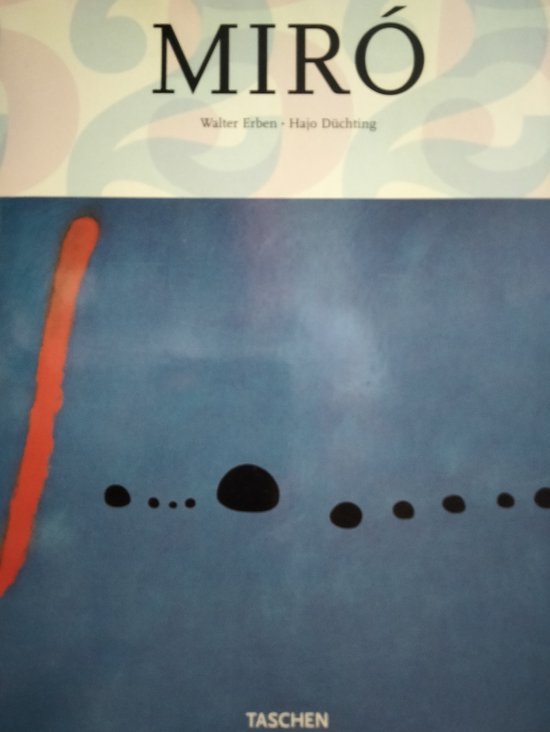 Boek met de titel MIRO, met een abstracte voorstelling in blauwtinten met een rode streep en zwarte cirkels.