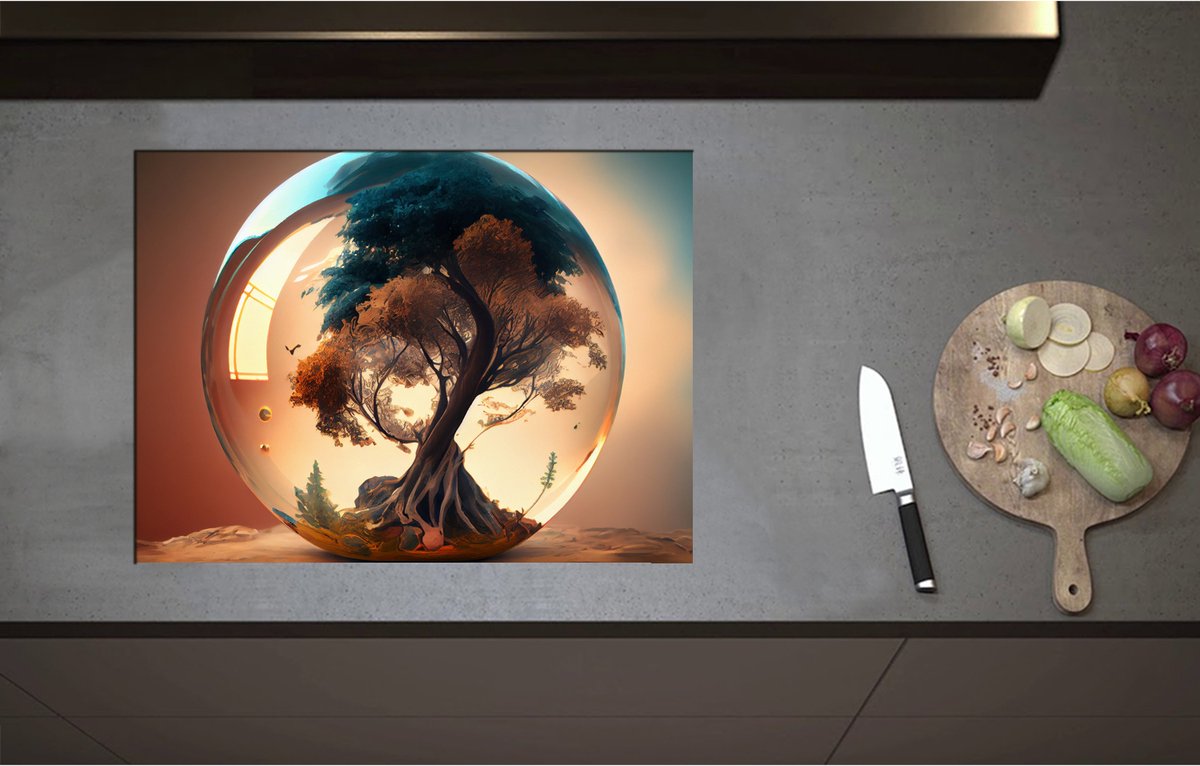 Inductieplaat Beschermer - Bruine en Blauwe Boom Groeiend in Glazen Bol - 70x52 cm - 2 mm Dik - Inductie Beschermer - Bescherming Inductiekookplaat - Kookplaat Beschermer van Wit Vinyl