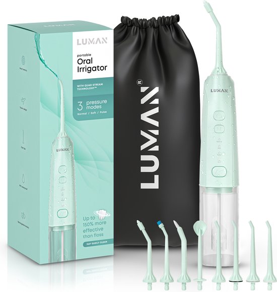 LUMAN Waterflosser - Monddouche - Flosapparaten - Draadloos en Oplaadbaar - 8 Opzetstukken - Mint Groen