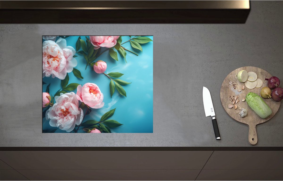 Inductieplaat Beschermer - Chinese Pioen Bloemen op Blauwe Achtergrond - 59x52 cm - 2 mm Dik - Inductie Beschermer - Bescherming Inductiekookplaat - Kookplaat Beschermer van Zwart Vinyl