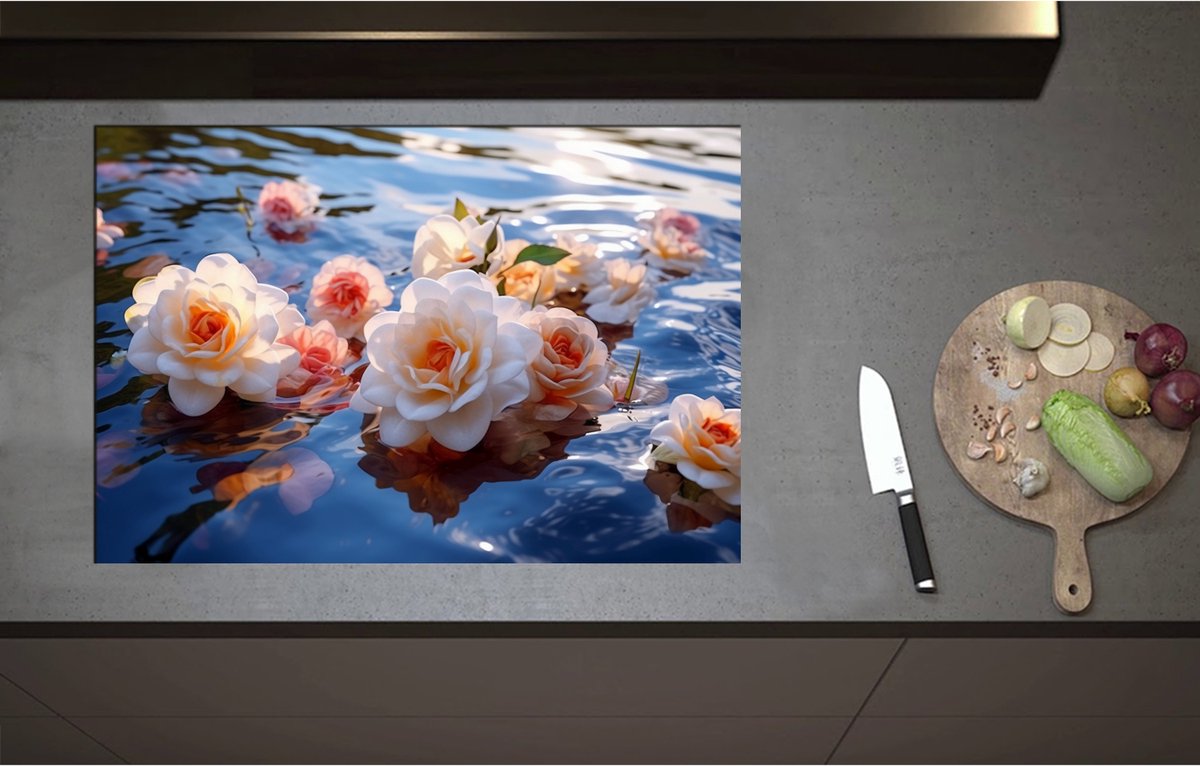 Inductieplaat Beschermer - Camellia Bloemen in het Water - 80x55 cm - 2 mm Dik - Inductie Beschermer - Bescherming Inductiekookplaat - Kookplaat Beschermer van Zwart Vinyl