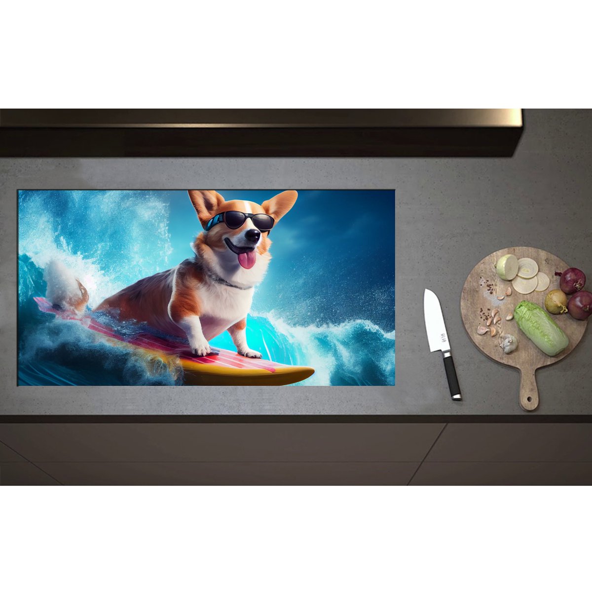 Inductieplaat Beschermer - Bruin met Witte Corgi Puppy Surfend over de Golven - 95x50 cm - 2 mm Dik - Inductie Beschermer - Bescherming Inductiekookplaat - Kookplaat Beschermer van Zwart Vinyl