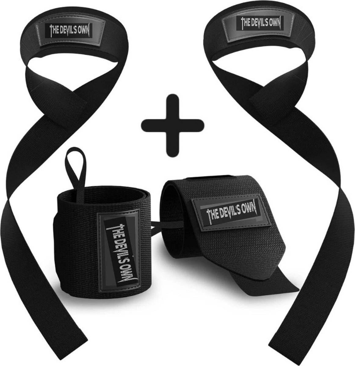 The Devil's Own | Combi pak 2 Stuk Polsband en 2 stuks Lifting Strapss, CrossFit, Krachttraining – Versteviging & Versterking Polsen - Polsbandage Wrist Wraps - Hand support kleur Zwart