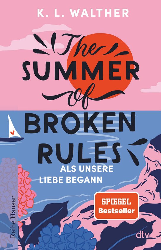 Boekomslag met de titel 'The Summer of Broken Rules' in grote letters, met een zonsondergang, een bootje en bloemen.