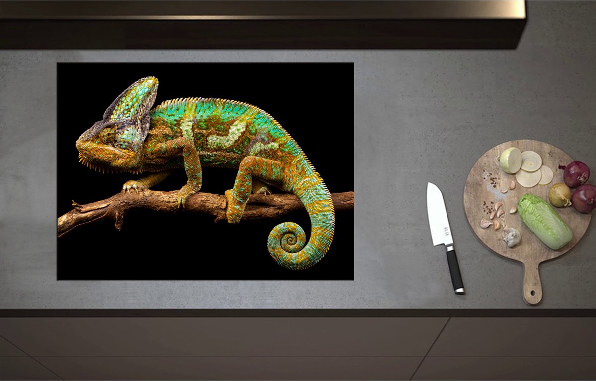 Inductieplaat Beschermer - Bruin groene kameleon staat op tak - 75x55 cm - 2 mm Dik - Inductie Beschermer - Bescherming Inductiekookplaat - Kookplaat Beschermer van Wit Vinyl