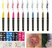 Meedeer Schmink Set-Tattoo pennen-Tijdelijke tattoo pen- Tattoo gelpennen-tattoo marker-10 tattoo pennen-4 tattoo stencils en 2 tattoo stickers-voor carnaval-verjaardag-kerst- feest