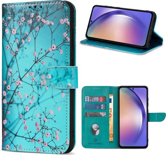 Multimédia & Accessoires de vêtements pour bébé Étui en Cuir pour Samsung Galaxy A55 5G - Cerise - Fleurs - Blauw - Étui de Téléphone - Avec Support - Porte-Cartes - Porte-Cartes - Fermeture Aimantée - Bookcase
