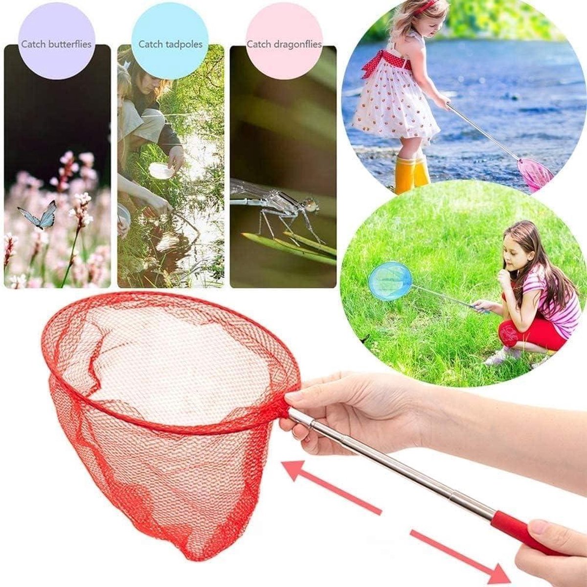 Lot De 4 Filets à Papillons Télescopiques Pour Enfants + Seau - Pour Chasse Aux Insectes, Pêche, Plage (couleurs Assorties)
