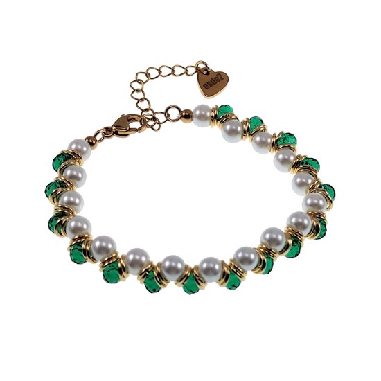 Bracelet Femme 15 à 20cm - Acier Inoxydable Plaqué Or - Bracelet Perles Cristal et Coquillage - Bracelet Vert et Witte - Bracelets de perles Ajustable