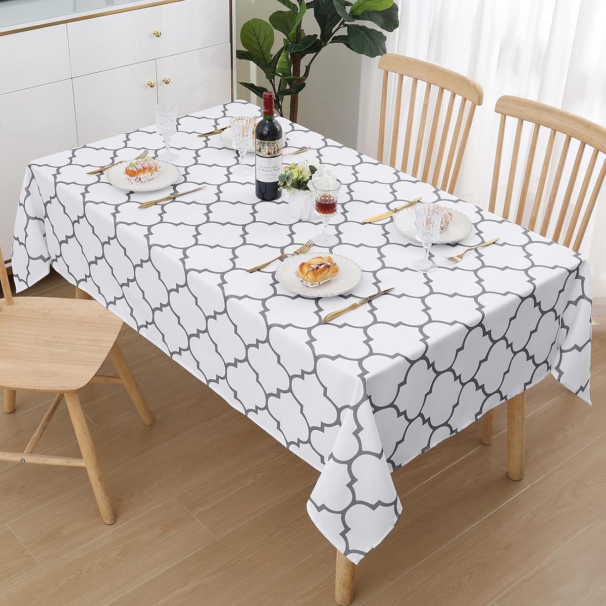 Tafelkleed afwasbaar, rechthoekig, 140 x 220 cm, polyester, waterafstotend, lotuseffect, Marokkaans, tafellinnen, vuilafstotend, afwasbaar, tafelkleed voor buiten, feest, keuken, wit