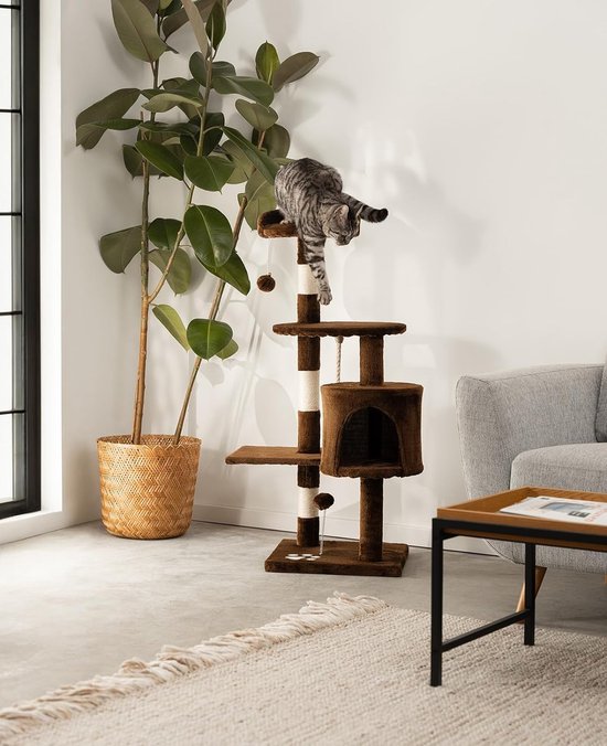 PawHut kattenboom, krabpaal met 4 speeltjes, klimboom en trap, hoogte verstelbaar, beige