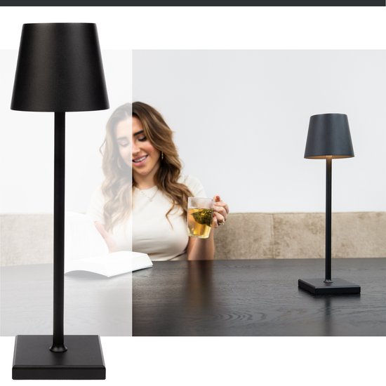 BandiO Tafellamp Oplaadbaar - 3 kleuren - Draadloos en dimbaar – Aluminium - 5200mAh - Moderne touch lamp – Nachtlamp Slaapkamer – Zwart