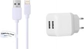 OneOne 2.1A lader + 2,0m Lightning kabel. Oplader adapter met 2 poorten past op o.a. Apple iPhone 5, 5c, 5s, 6, 6s, 7, 8, SE, X, XR, XS, 10, 10s, 11, 12, 13, 14, Mini / Pro / Pro Max / Plus, iPad Mini, 2, 3, 4, 5, iPad Air, 2, 3