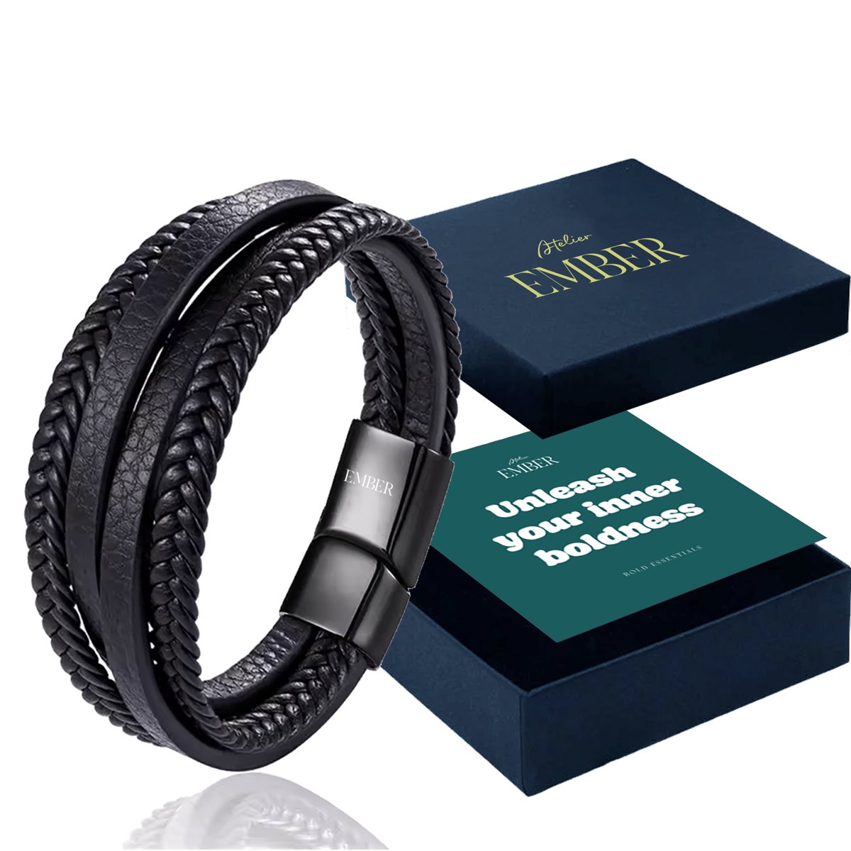 Atelier EMBER - Cadeau voor Man Verjaardag - Handgemaakte Leren Armband Heren - Inner Boldness - Zwart RVS - 20CM + 1,5CM - Luxe Sieradendoos - Cadeau Pakket Papa, Vriend, Vader, Opa - Geschenkset Cadeautje voor hem