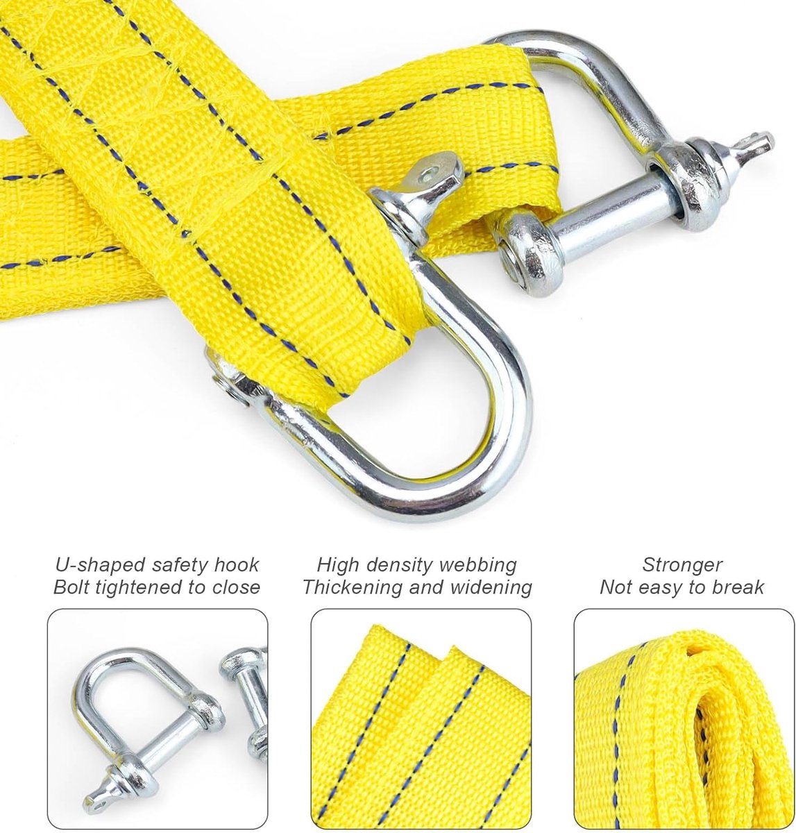 Sangle De Remorquage 5 Tonnes - 4m De Long Avec Crochets En U, Jaune Réfléchissante Pour Véhicules