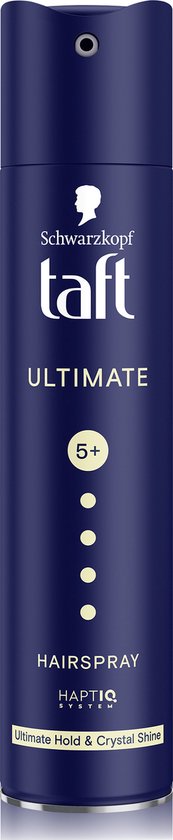 Donkerblauwe spuitbus Taft Ultimate Haarspray met logo, 'ULTIMATE', '5+' en 'HAIRSPRAY HOLD 5+'