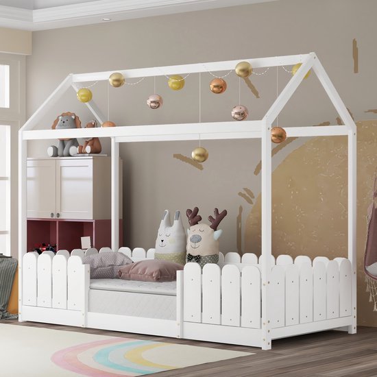 Lit Cabane Bébé En Bois 90x200 Cm - Avec Barrières De Sécurité, Sommier à Lattes, Blanc, Capacité 120 Kg