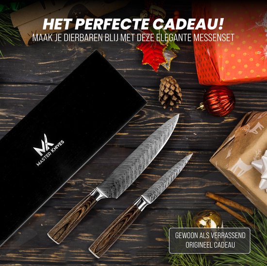 Master Knives Koksmes 20 cm + Groentemes – Met Slijper en Vingerbeschermer – Vlijmscherp Messenset - Keukenmessen