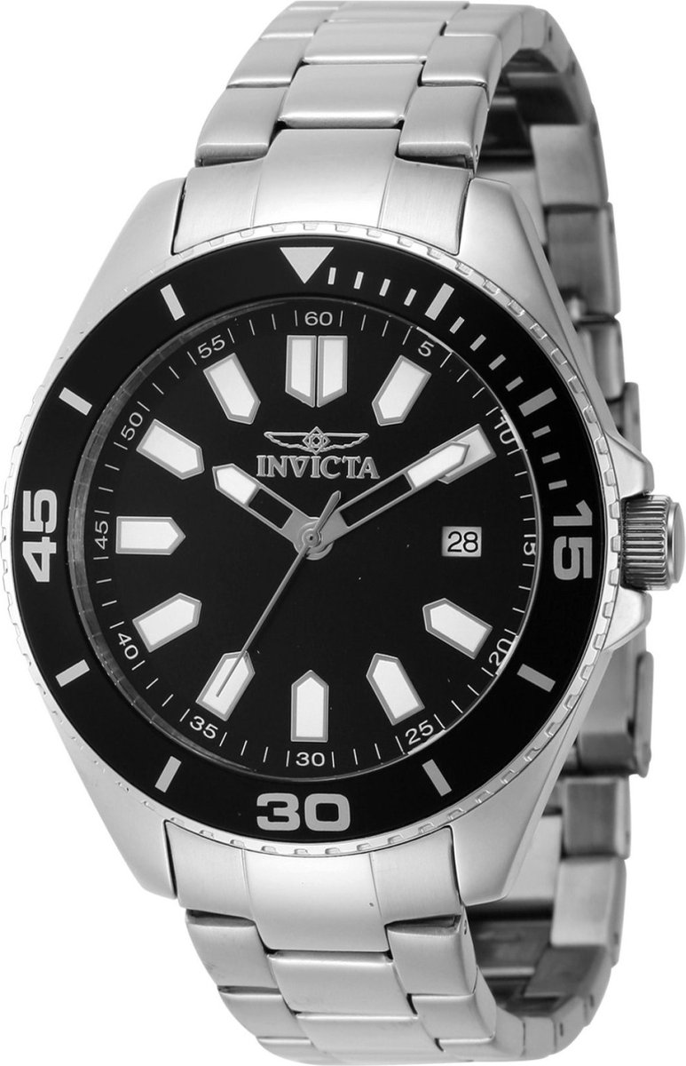 Invicta Pro Diver 46316 Heren Horloge - Waterdicht - Analoog - Quartz Uurwerk - Roestvrij Staal met zwarte Wijzerplaat - 43mm
