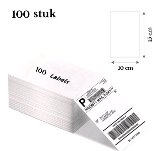 Stapel van 100 witte etiketten, 10x15 cm, met een PRIORITY MAIL 2-DAY™ etiket.