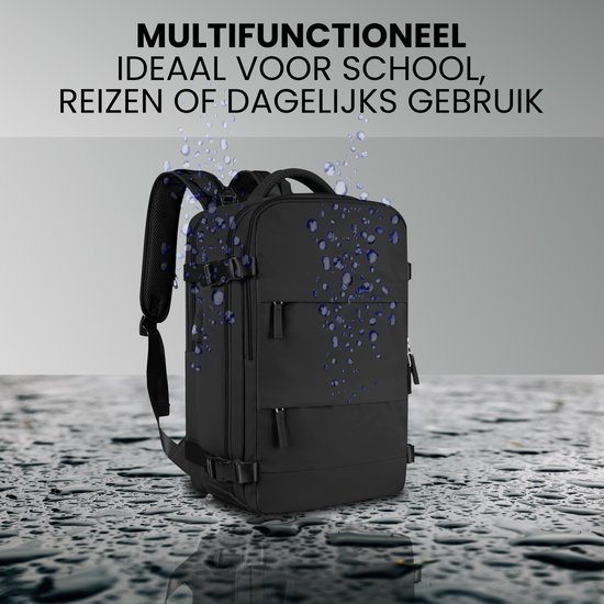 Zwarte, multifunctionele rugzak met waterdruppels, ideaal voor school en reizen.