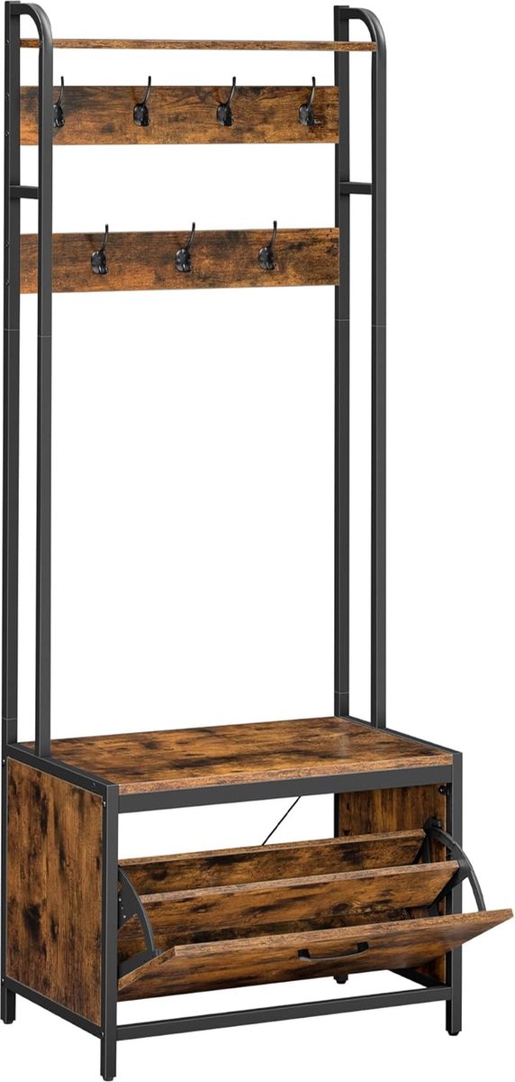 FurnStar - Kapstok Met Schoenenkast - Kapstok Met Zitbank - Kledingstandaard - Schoenenkast - Plank Aan De Bovenkant - 40 x 65 x 170 - Vintage - Bruin-Zwart