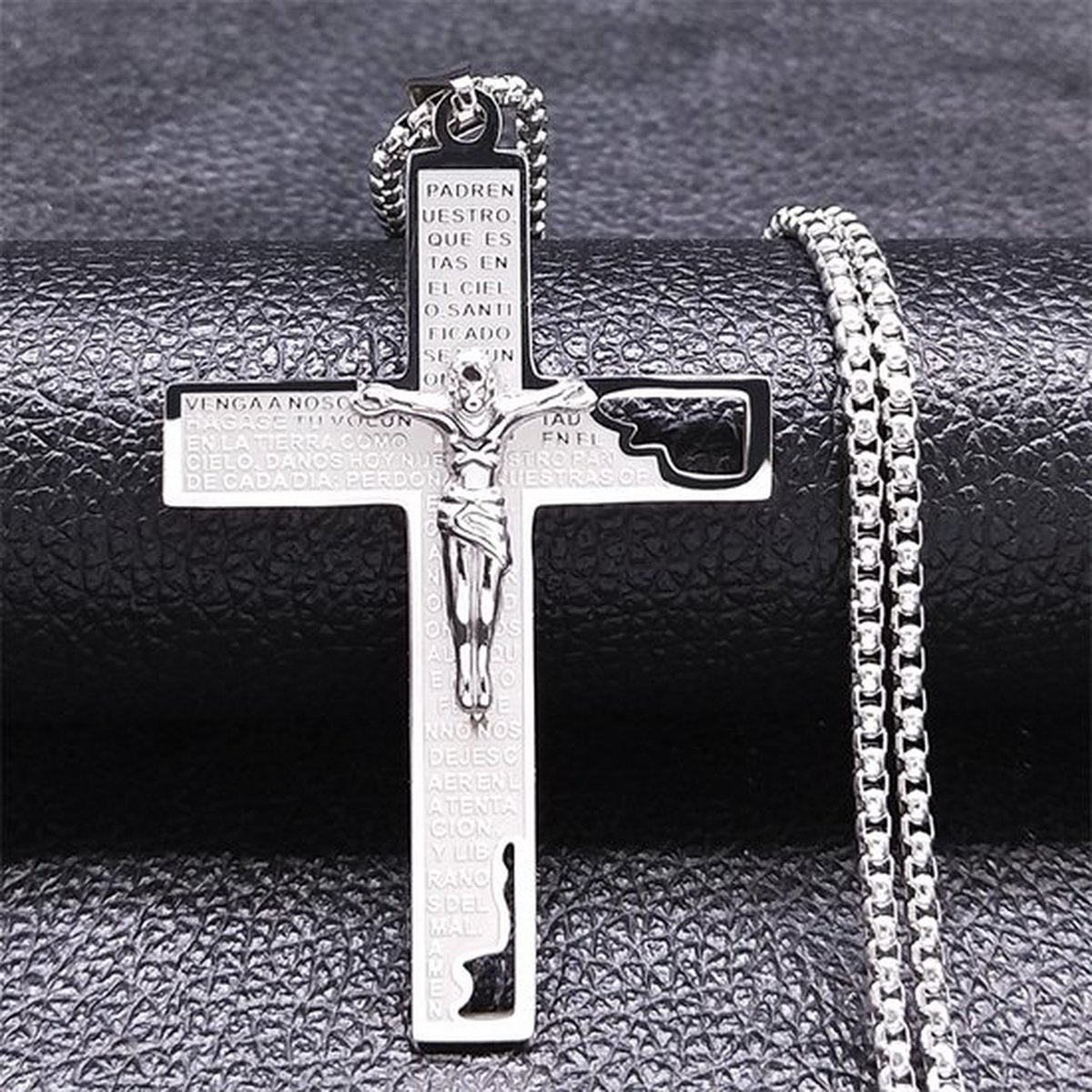 Donley Cubaans Kruis Ketting Heren - Jesus Cross met Heilige Tekst - Holy Cross - Zilver, Goud of Zwart - 45 cm - Christelijke Ketting - Cadeau