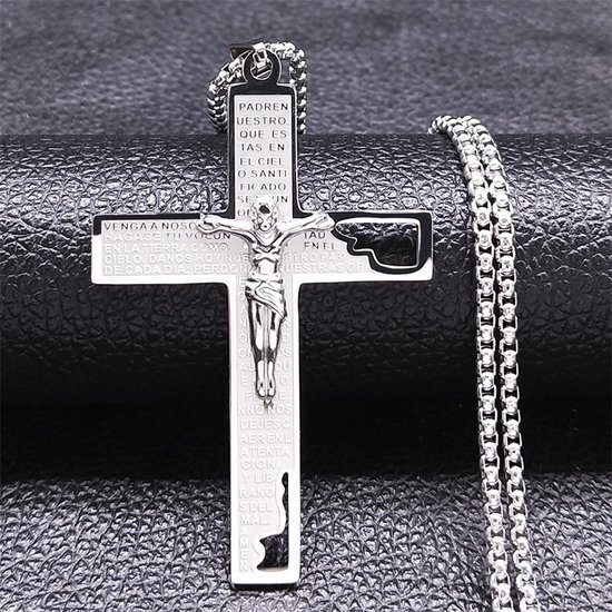 Donley Cubaans Kruis Ketting Heren - Jesus Cross met Heilige Tekst - Holy Cross - Zilver, Goud of Zwart - 45 cm - Christelijke Ketting - Cadeau