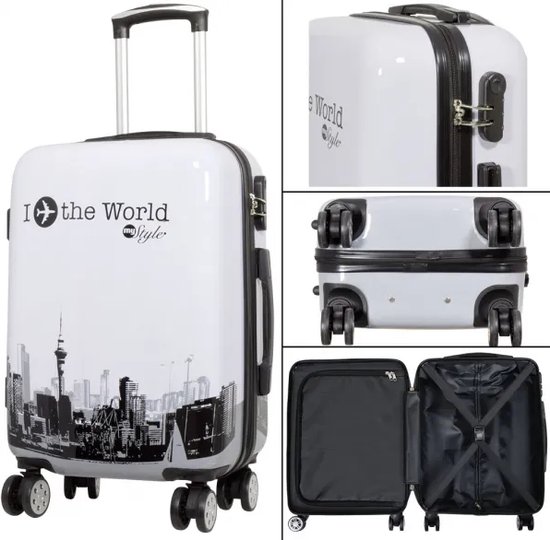 Travelsuitcase - Kofferset Fly The World 3 delig - Reiskoffers met cijferslot - Polycarbonaat - Wit - Handbagage en Ruimbagage