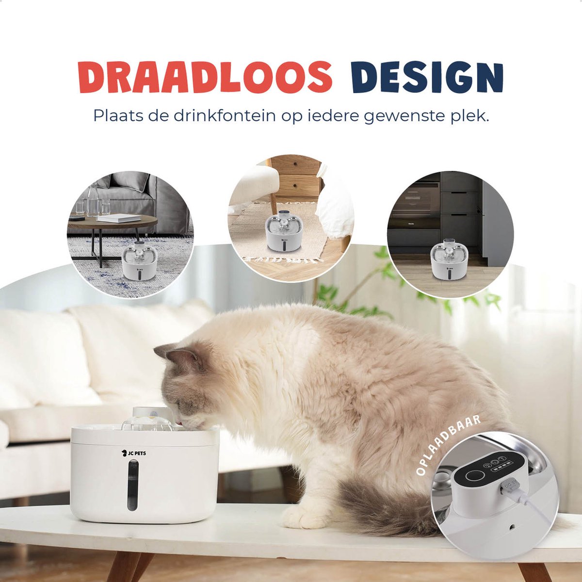 JC Pets Premium Drinkfontein voor Kat en Hond - Draadloze Waterfontein met Sensor - Katten Fontein - Waterbak Automatisch - RVS - Fluisterstil - Inclusief 3 filters - Wit thumbnail 2
