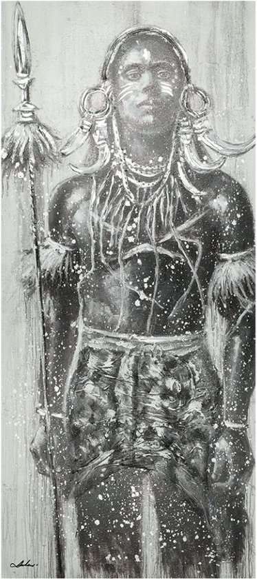Mondiart - Handgeschilderd Canvas Schilderij 'Afrikaanse Krijger' - Wanddecoratie voor Woonkamer - Schilderij voor interieur - 70 x 150 cm - Grijs/Zwart/Wit - Handgeschilderd Canvas Muurdecoratie