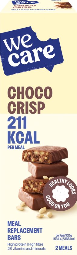 We Care Choco Crisp reep, gestapelde repen met chocoladelaag en krokante vulling, met witte pinda's.