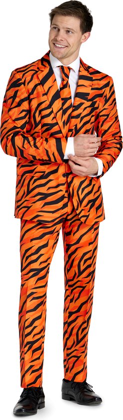 Suitmeister Tiger Orange - Heren pak - Oranje - Tijgerprint - Dierenpatroon - Inclusief Pantalon, Blazer en Stropdas