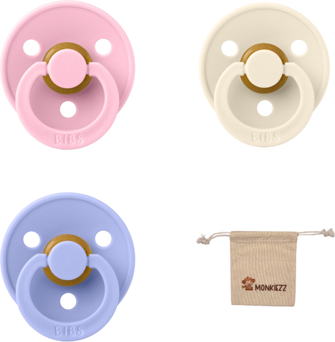 Goedkoopste Bibs fopspeen - maat 1 0-6 maanden - 3 stuks – Ivory – Baby Pink – Hush Monkiezz speenzakje