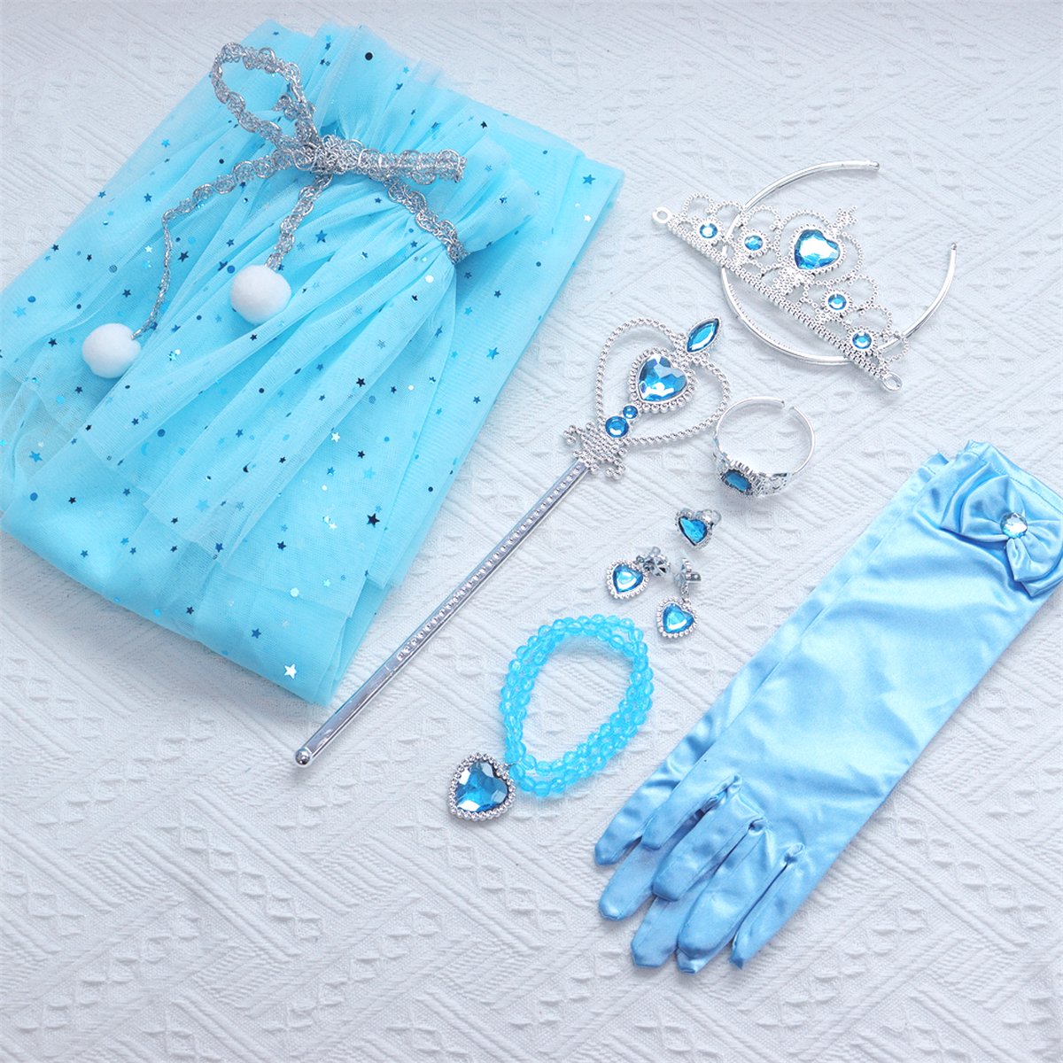 Joya Kids® Verkleedcape met Accessoires Licht Blauw | Prinsessencape | Cape Set | Unicorn | Meisje Verkleedset | Carnvalskleding Meisjes | Met Kroon, Staf, Handschoenen en Sieradenset — afbeelding 6