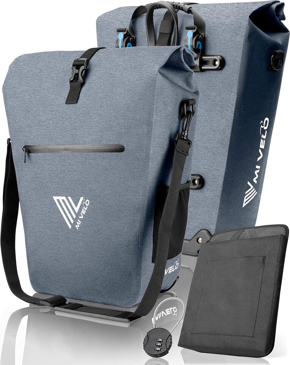 Waterdichte fietstas met laptopvak - Jeansblauw, 100% PVC-vrij, bagagedrager