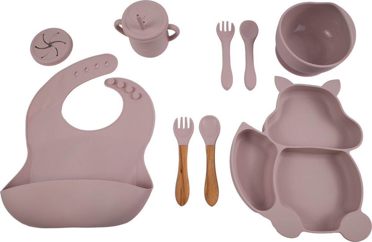 Goedkoopste Honeybears – Siliconen kinderservies set 9 delig – Kinderbord zuignap – Kraamcadeau – Siliconen eetset – Baby drinkbeker - BPA vrij – Lichtrose