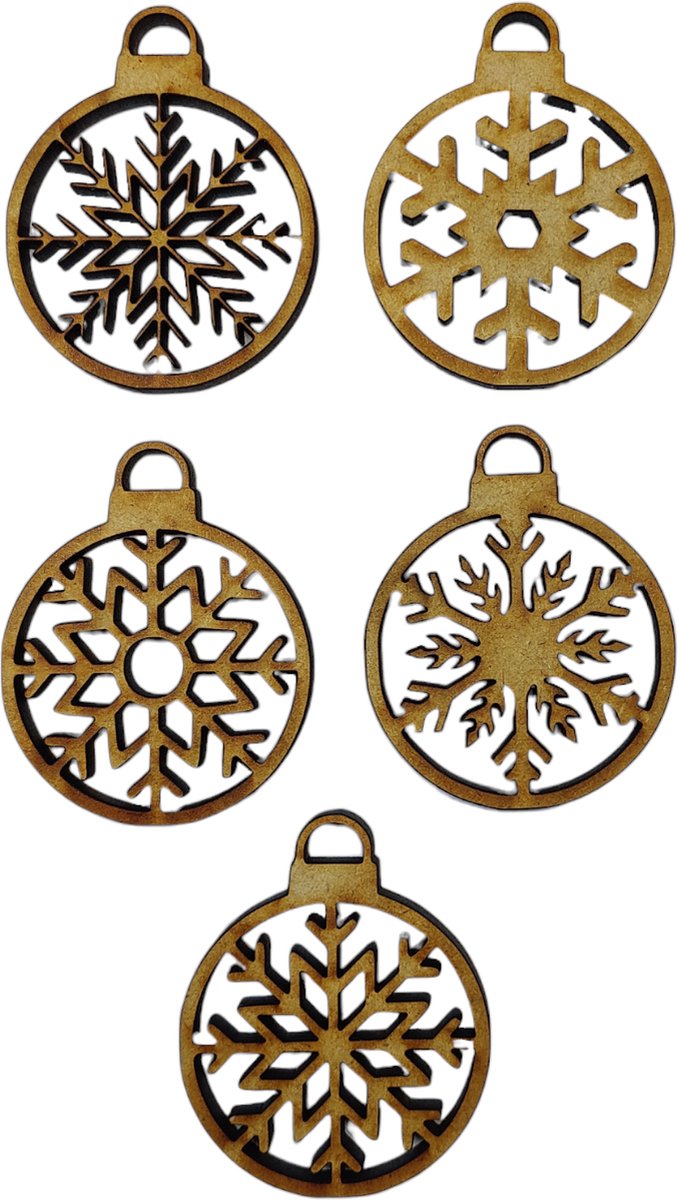 Houten kerstballen met sneeuwvlokjes en houten afwerking - 15-stuks - 6 mm mdf