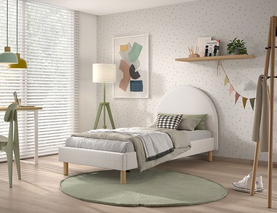 Lit simple Maeva - 212x97x107 cm - Tissu bouclé blanc - Vipack - Lits simples rembourrés - Blanc - Textile - Lits simples rembourrés