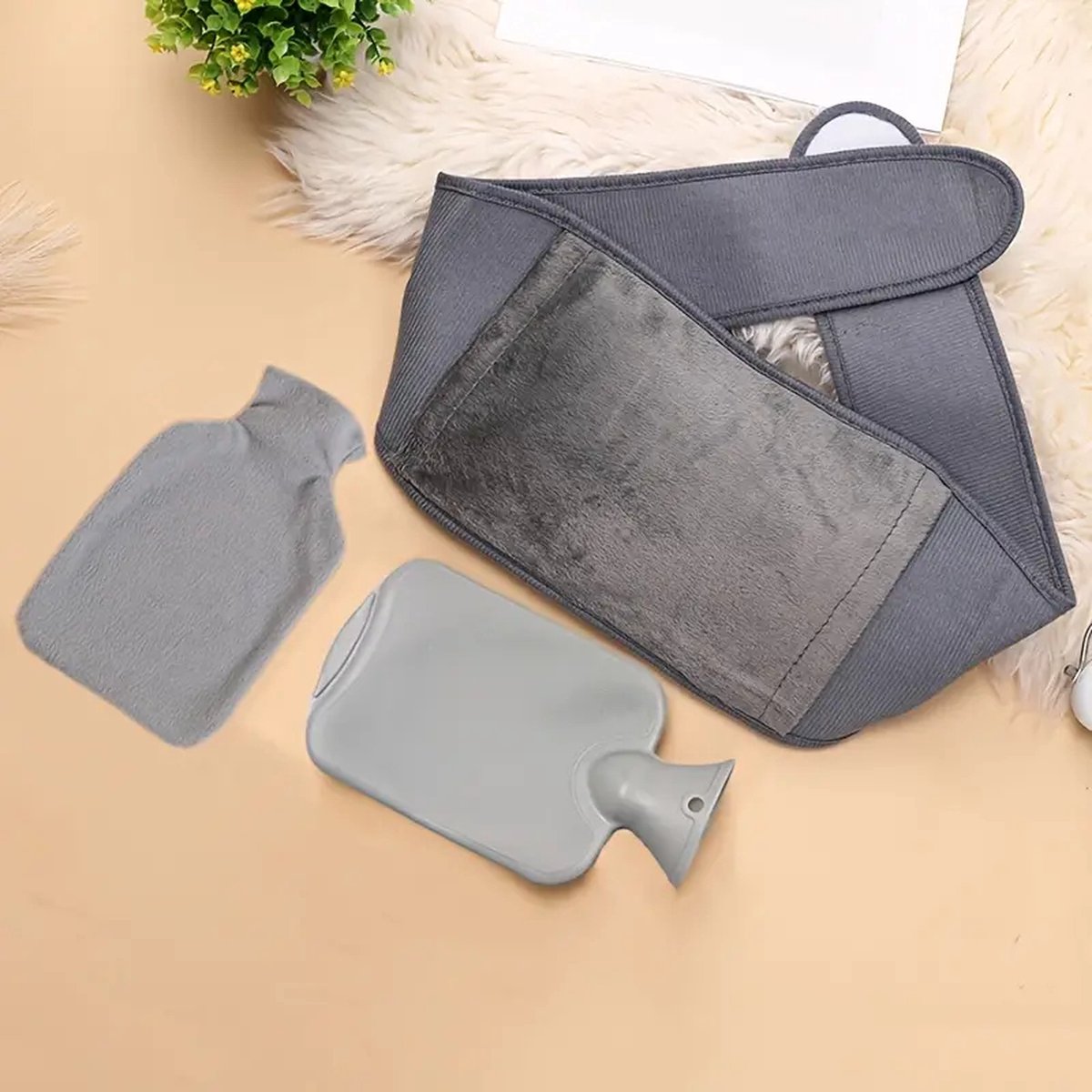 Goedkoopste Warmwaterzak set van 3 stuks - Kruik - Kruik set - Perfect voor menstruatiepijn - 1000 ml warmwaterkruik - Draagbaar - comfortabel - Grijs - Driedelige Set Warme Buikbescherming - Irrigatiewarmtewaterzak, Warme Heupriem en Stoffen Hoes