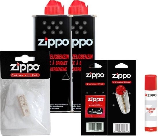 Zippo Aansteker Onderhoudspakket: 2 x Benzine / Vloeistof, 1 x Katoen & Filt, 1 x Vuurstenen en 1 x Lont, 1x Zippo Butaan Gasbus/ Gasfles