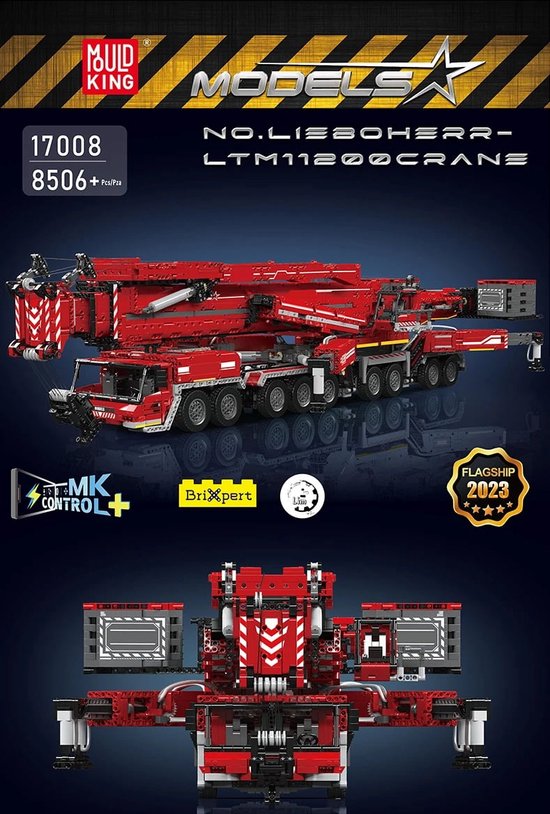 Grote rode Liebherr mobiele kraan modelbouwset met veel assen en uitschuifbare arm.