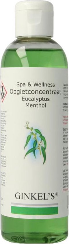 Fles met groen saunaconcentraat, met etiket 'Spa & Wellness Opgetconcentraat Eucalyptus Menthol'.