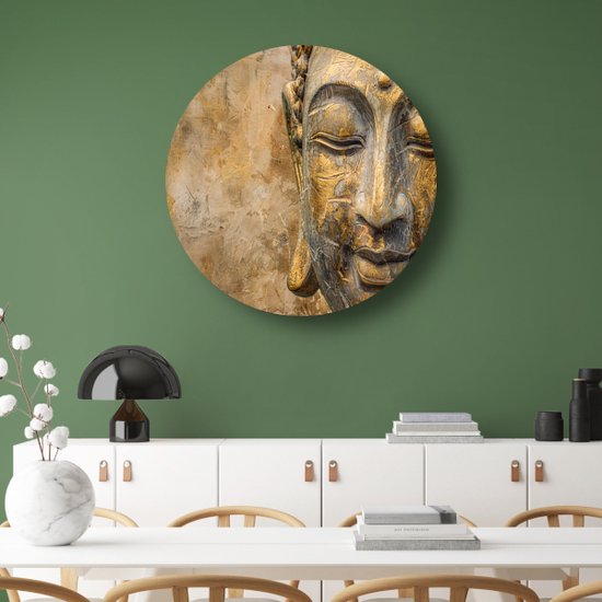 Boeddha wandpaneel - Kunst muurcirkel - Muurcirkel Goud - Landelijk schilderij - Muurcirkels - Decoratie kamer muurcirkel forex 100x100 cm