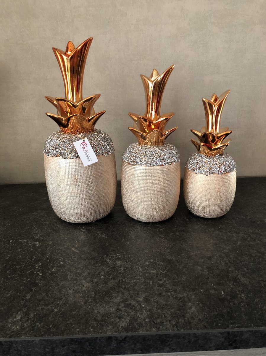 Decoratieve Ananas - Keramiek - Goudkleurig - Set van 3