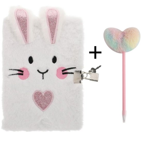 Fluffy Konijn Dagboek + Pen | Konijn met Slot + Pen | Journal Met Sleutel Slot Met Sleutel | Diary with lock | Voor meisje / meisjes | Notitieboek met Slotje voor Kind / Kinderen | Wit Dagboekje (Geen code / cijferslot) Logboek Notitieboek Schrift