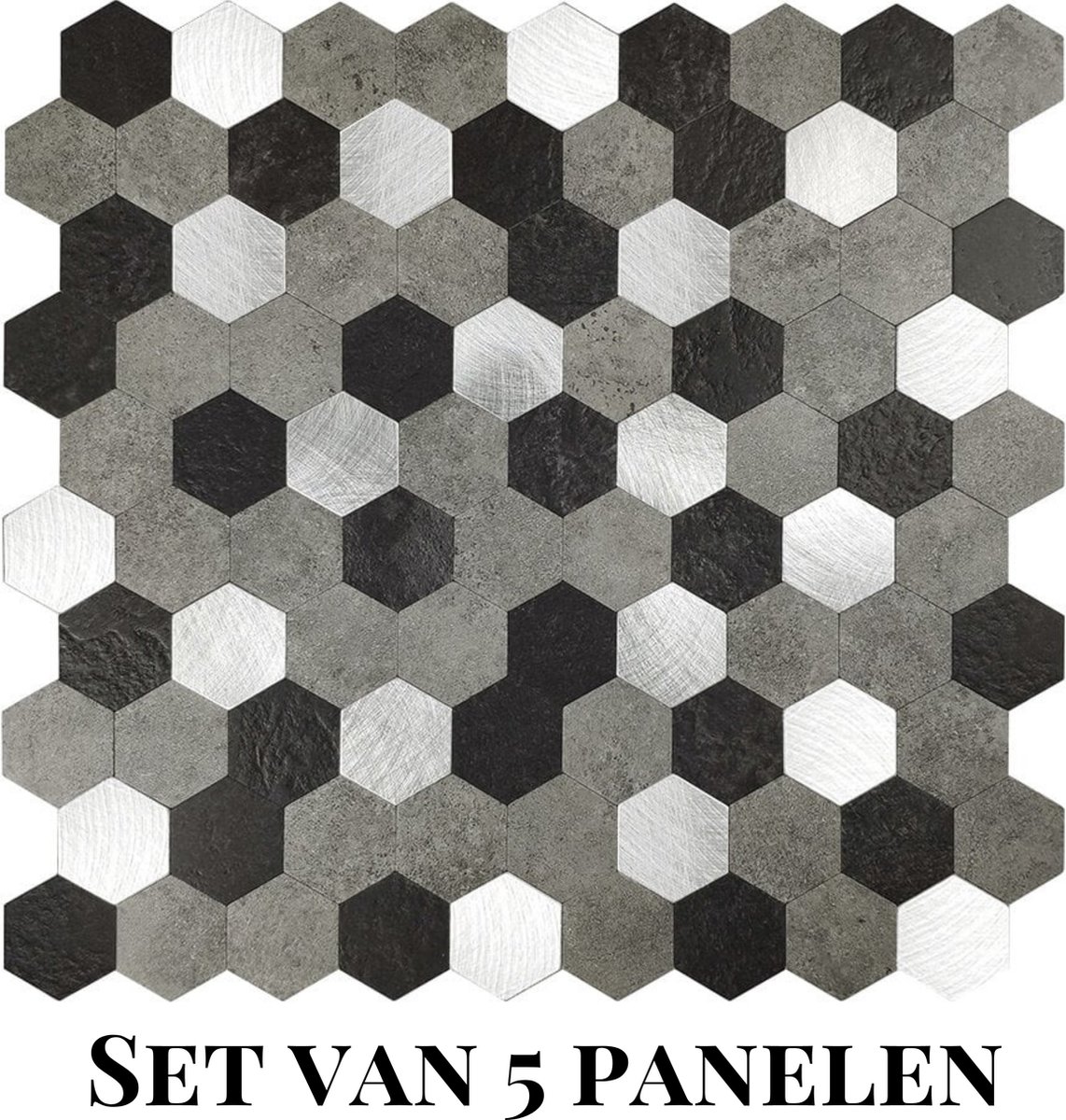 Wallways Wandpanelen - Plaktegels - Set van 5 Tegels - Tegelsticker - Zelfklevende Tegels - 4MM dik - Aluminium toplaag - Waterdicht - Krasbestendig - Hittebestendig - 3M Kleeflaag - Hexagon Zilver/Zwart