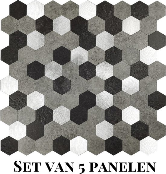 Een set van 5 panelen met zilveren, zwarte en grijze honingraattegels.
