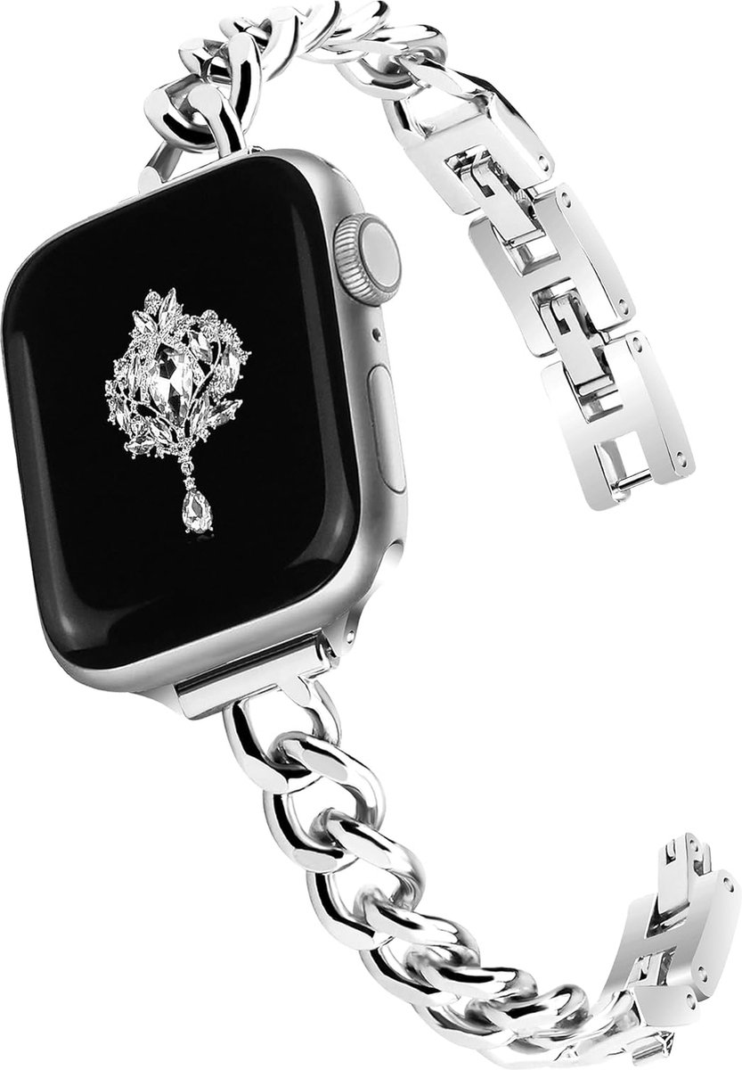 Stravo Luxe Schakel Bandje – Geschikt voor Apple Watch 46mm (Series 10/11), 45mm (Series 7/8/9), 44mm (Series 4/5/6, SE 1/2/3), 49mm (Ultra 1/2/3) – Elegant Metalen Dames Horlogebandje – Zilver