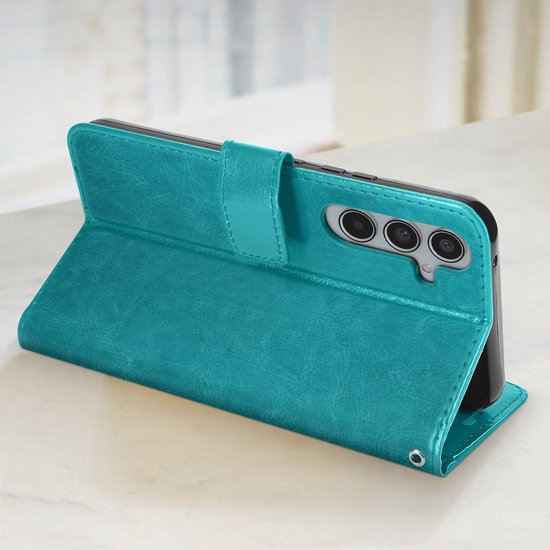 Foto: Mayaxess foliohoes geschikt voor samsung galaxy a55 bescherming met polsband multifunctionele flap turquoise